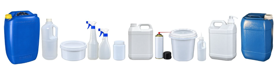 Diferentes modelos de embalagens: potes, garrafas, pulverizadores, aerossol, baldes, galões e bombonas.